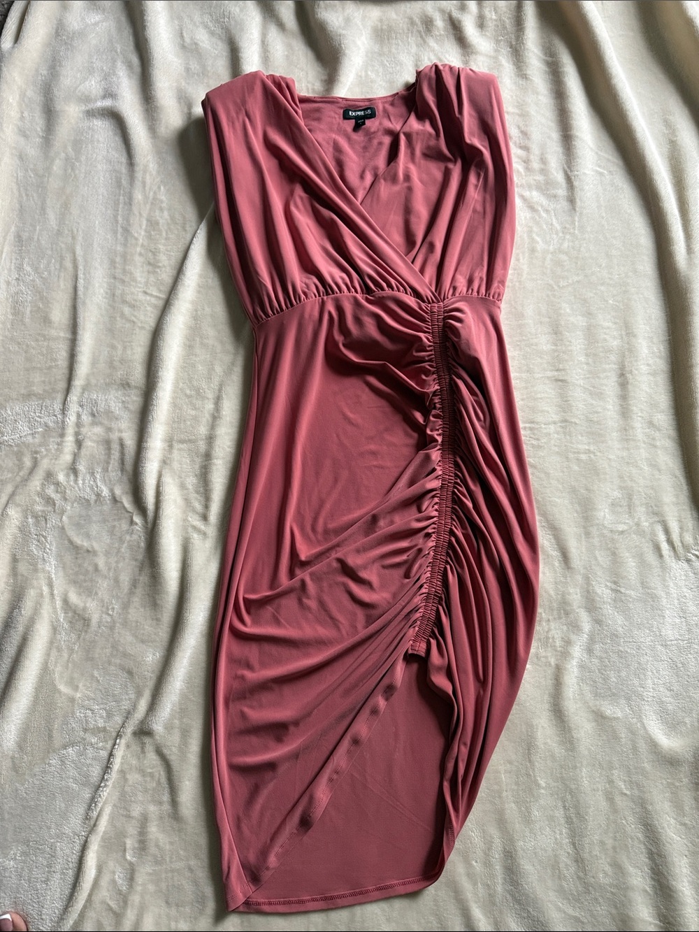 Express Asymmetrical Ruched Wrap Dress in Dusty Rose